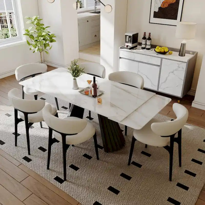 Table à manger moderne extensible de 160 à 240 cm pour 6 à 10 personnes, plateau en pierre frittée blanche brillante