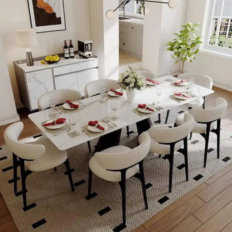 Table à manger moderne extensible de 160 à 240 cm pour 6 à 10 personnes, plateau en pierre frittée blanche brillante