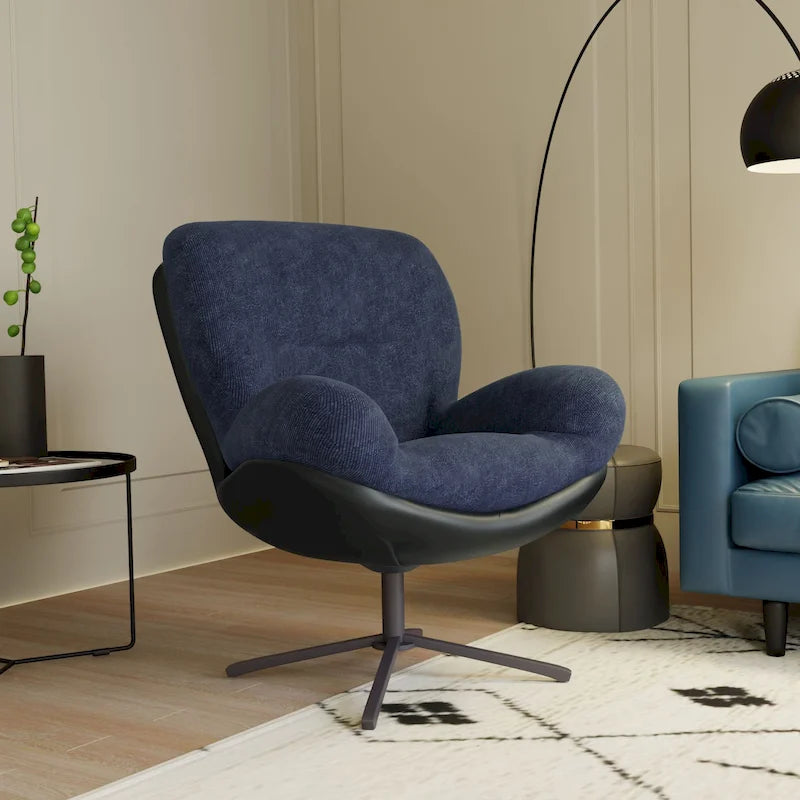 Fauteuil d'appoint pivotant noir et bleu marine | Chenille et similicuir | Siège unique