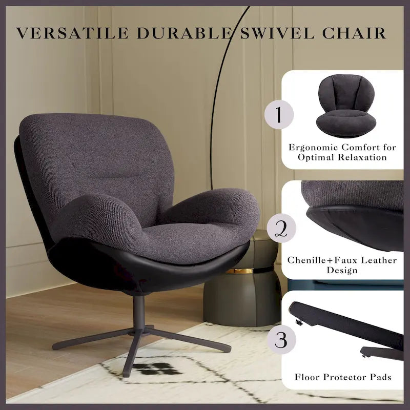 Fauteuil d'appoint pivotant noir et bleu marine | Chenille et similicuir | Siège unique