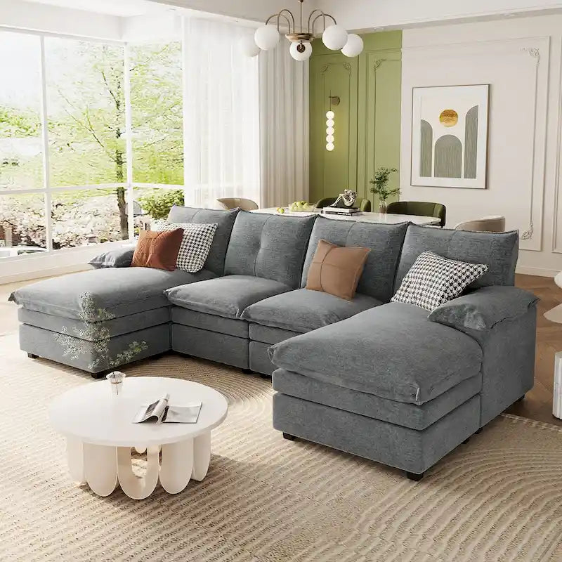 Canapé d'angle en chenille en U Roomfitters avec accoudoirs réglables, parfait pour les salons, les bureaux, les grands espaces