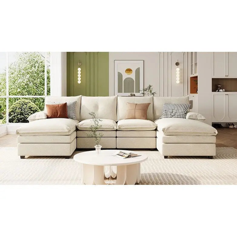 Canapé d'angle en chenille en U Roomfitters avec accoudoirs réglables, parfait pour les salons, les bureaux, les grands espaces