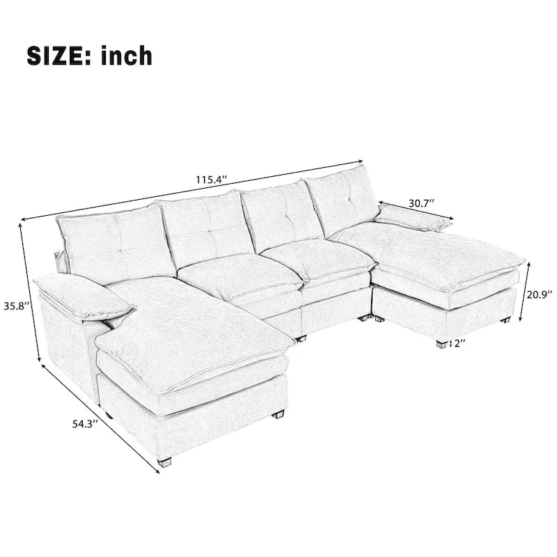 Canapé d'angle en chenille en U Roomfitters avec accoudoirs réglables, parfait pour les salons, les bureaux, les grands espaces