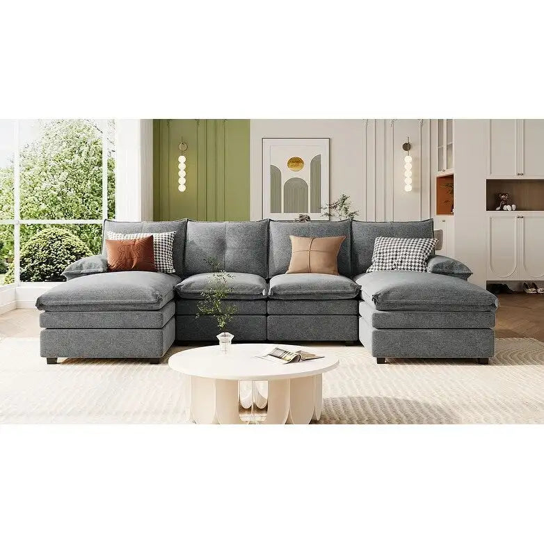 Canapé d'angle en chenille en U Roomfitters avec accoudoirs réglables, parfait pour les salons, les bureaux, les grands espaces