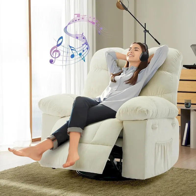 Fauteuil inclinable à bascule, fauteuil à bascule pivotant à 360° pour salon, fauteuil de nurserie rembourré en tissu avec poche latérale
