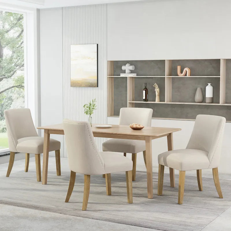 Chaise de salle à manger rembourrée, garniture cloutée, pieds en bois fuselés, lot de 4 – Naturel + Anthracite/Beige/Blanc+Bleu