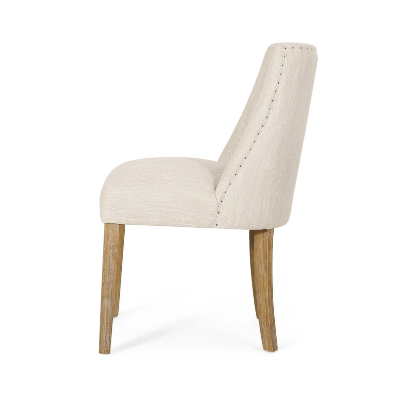 Chaise de salle à manger rembourrée, garniture cloutée, pieds en bois fuselés, lot de 4 – Naturel + Anthracite/Beige/Blanc+Bleu