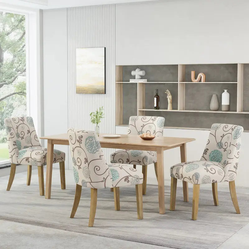 Chaise de salle à manger rembourrée, garniture cloutée, pieds en bois fuselés, lot de 4 – Naturel + Anthracite/Beige/Blanc+Bleu