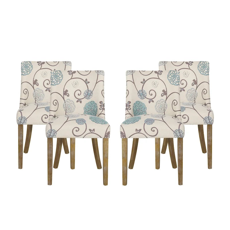 Chaise de salle à manger rembourrée, garniture cloutée, pieds en bois fuselés, lot de 4 – Naturel + Anthracite/Beige/Blanc+Bleu