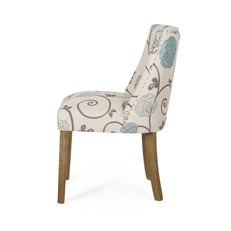 Chaise de salle à manger rembourrée, garniture cloutée, pieds en bois fuselés, lot de 4 – Naturel + Anthracite/Beige/Blanc+Bleu