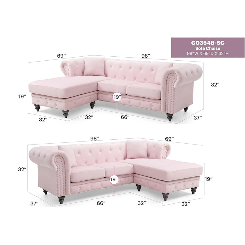 Canapé 3 places Nola 98 po en velours avec 2 coussins décoratifs – 98 L x 37 l x 31 H po