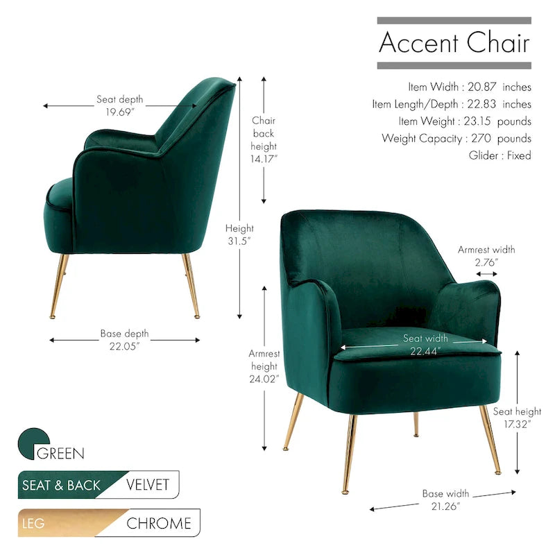 Porthos Home Adora : fauteuil d'appoint en velours avec pieds chromés dorés
