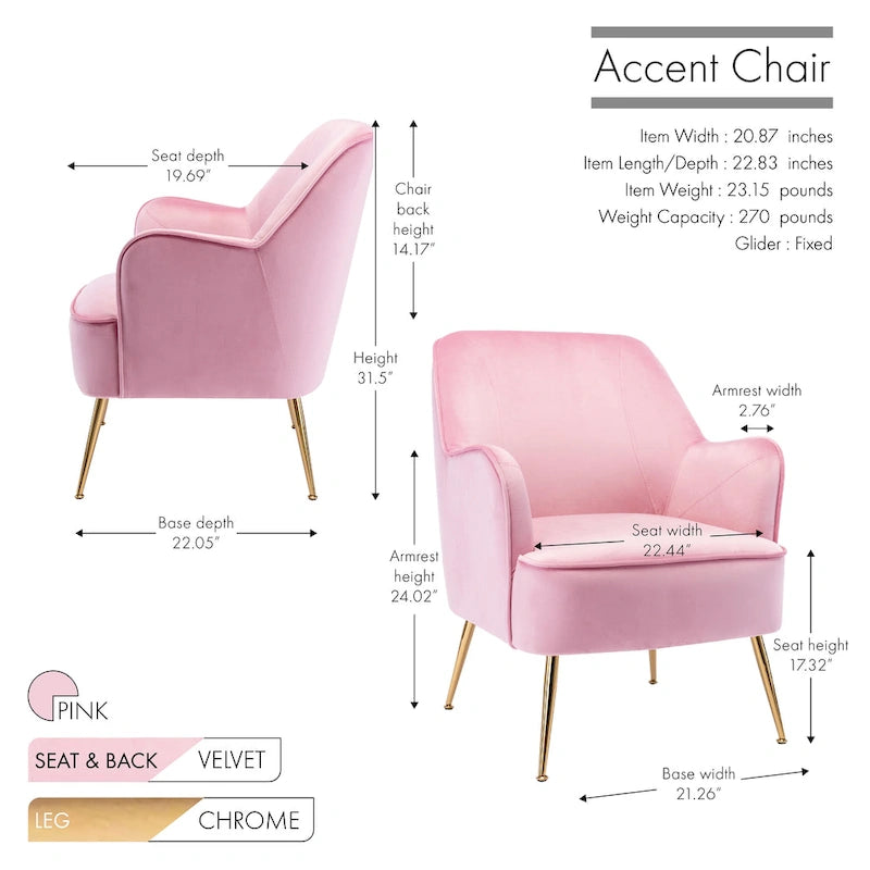 Porthos Home Adora : fauteuil d'appoint en velours avec pieds chromés dorés