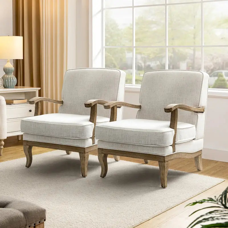 Fauteuil rembourré de style Campagne ivoire/bleu/étain/lin/gris, lot de 2