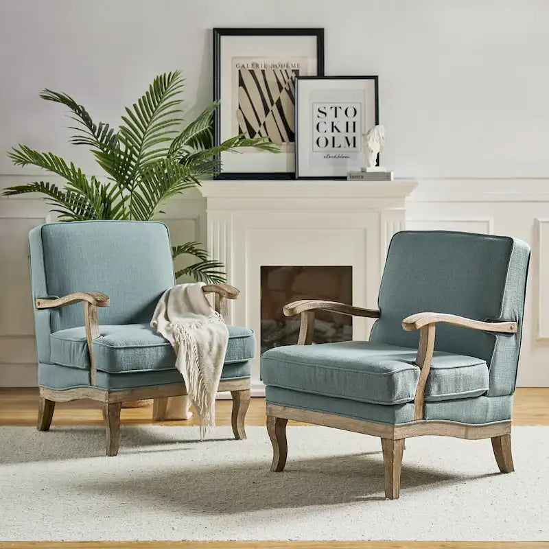 Fauteuil rembourré de style Campagne ivoire/bleu/étain/lin/gris, lot de 2