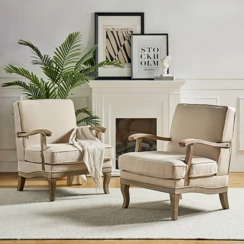 Fauteuil rembourré de style Campagne ivoire/bleu/étain/lin/gris, lot de 2