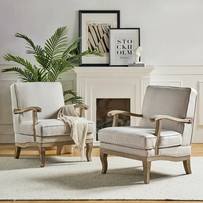 Fauteuil rembourré de style Campagne ivoire/bleu/étain/lin/gris, lot de 2