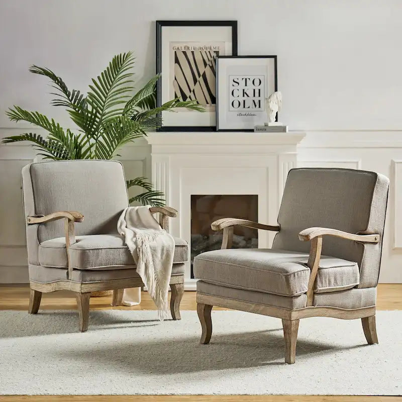 Fauteuil rembourré de style Campagne ivoire/bleu/étain/lin/gris, lot de 2