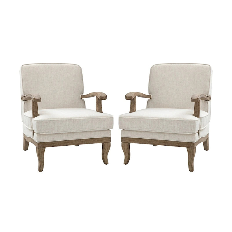 Fauteuil rembourré de style Campagne ivoire/bleu/étain/lin/gris, lot de 2