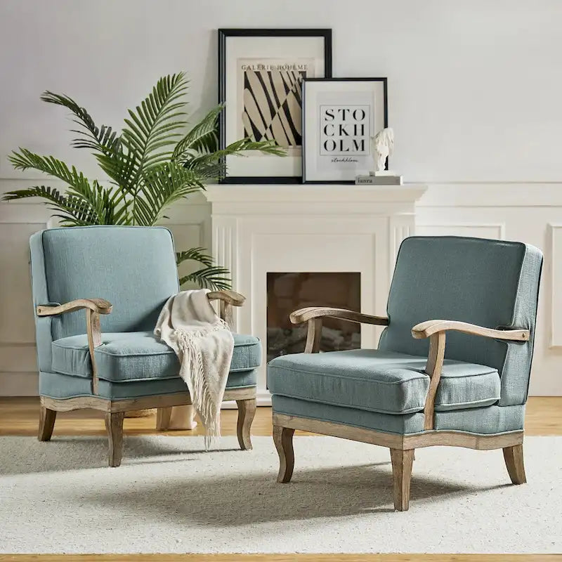 Fauteuil rembourré de style Campagne ivoire/bleu/étain/lin/gris, lot de 2