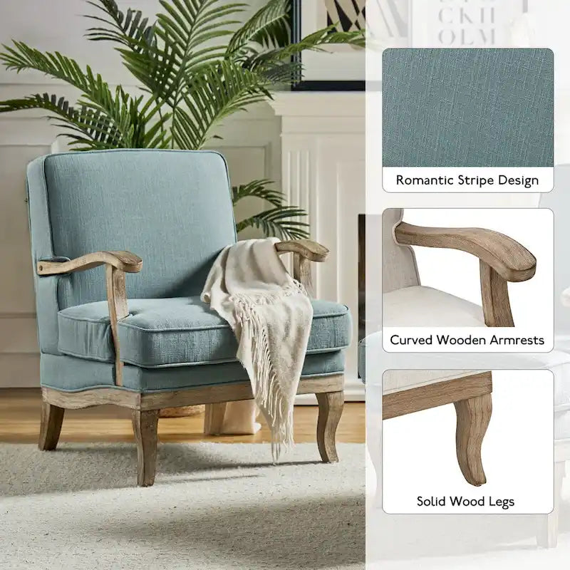 Fauteuil rembourré de style Campagne ivoire/bleu/étain/lin/gris, lot de 2