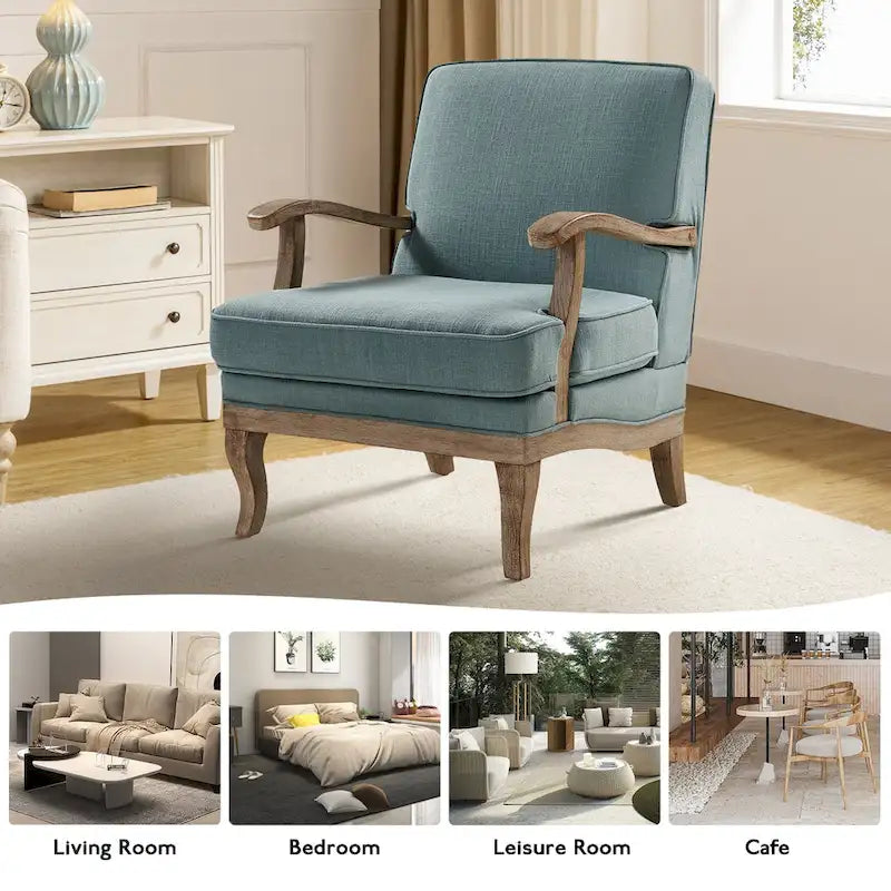 Fauteuil rembourré de style Campagne ivoire/bleu/étain/lin/gris, lot de 2