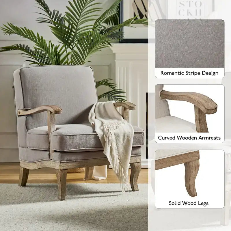 Fauteuil rembourré de style Campagne ivoire/bleu/étain/lin/gris, lot de 2