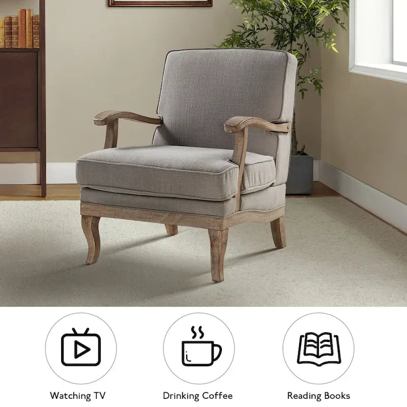Fauteuil rembourré de style Campagne ivoire/bleu/étain/lin/gris, lot de 2