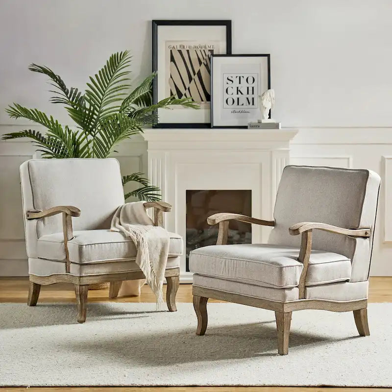 Fauteuil rembourré de style Campagne ivoire/bleu/étain/lin/gris, lot de 2
