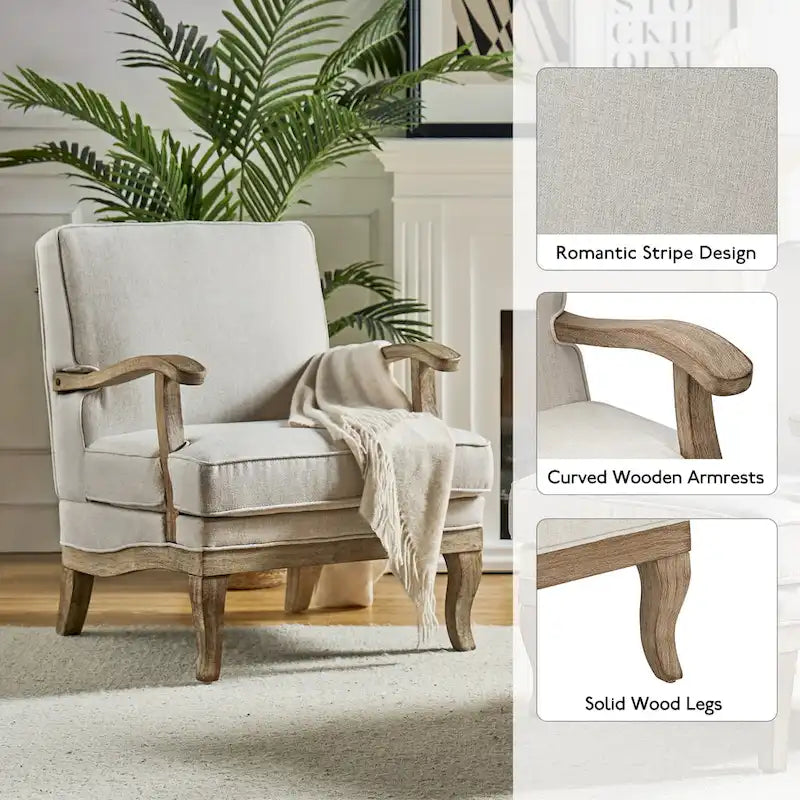 Fauteuil rembourré de style Campagne ivoire/bleu/étain/lin/gris, lot de 2