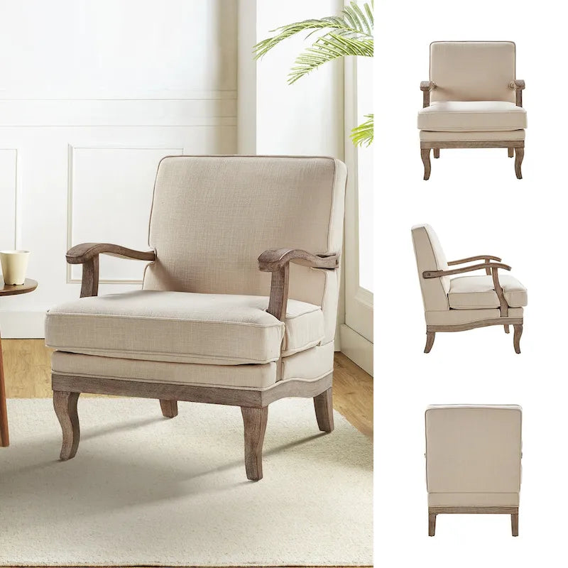 Fauteuil rembourré de style Campagne ivoire/bleu/étain/lin/gris, lot de 2