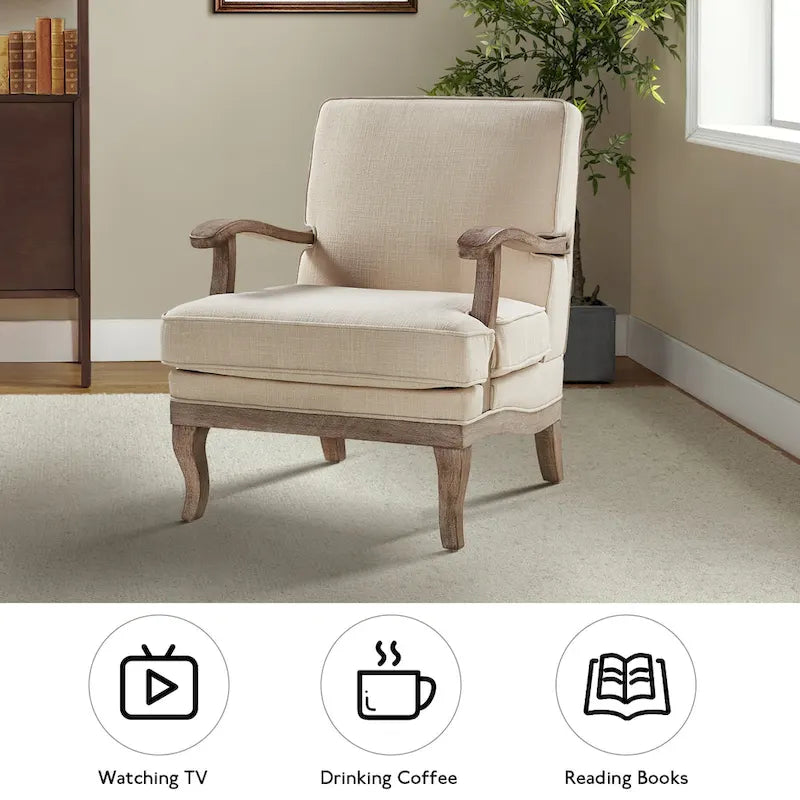 Fauteuil rembourré de style Campagne ivoire/bleu/étain/lin/gris, lot de 2