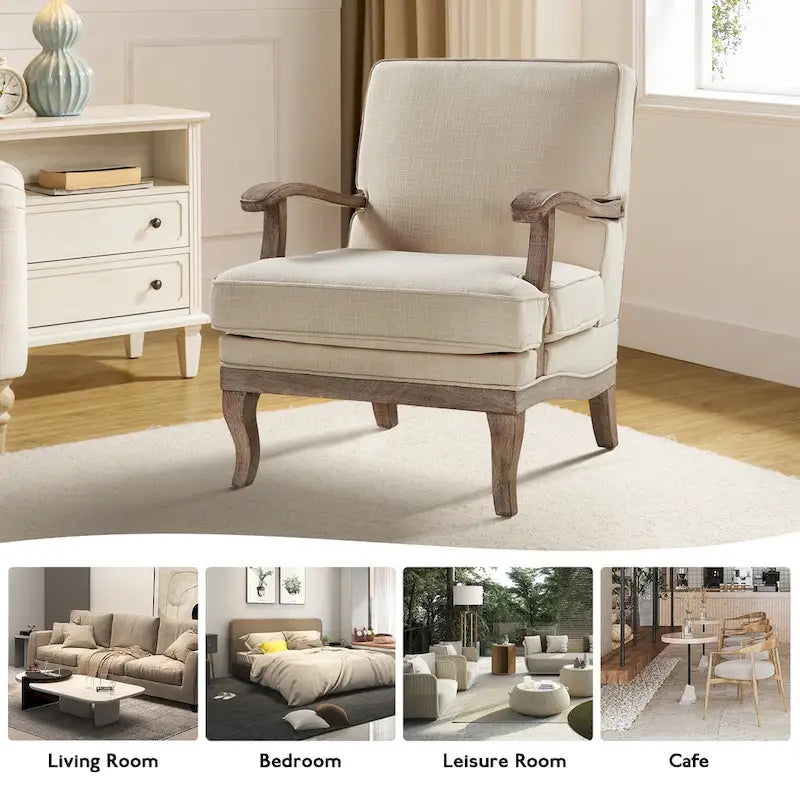 Fauteuil rembourré de style Campagne ivoire/bleu/étain/lin/gris, lot de 2