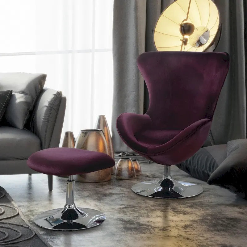 Fauteuil d'appoint à oreilles et ottoman – Violet / Noir / Gris, 2 pièces, 1 place