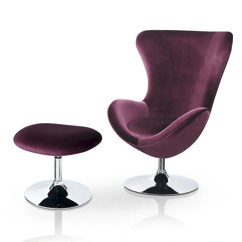 Fauteuil d'appoint à oreilles et ottoman – Violet / Noir / Gris, 2 pièces, 1 place