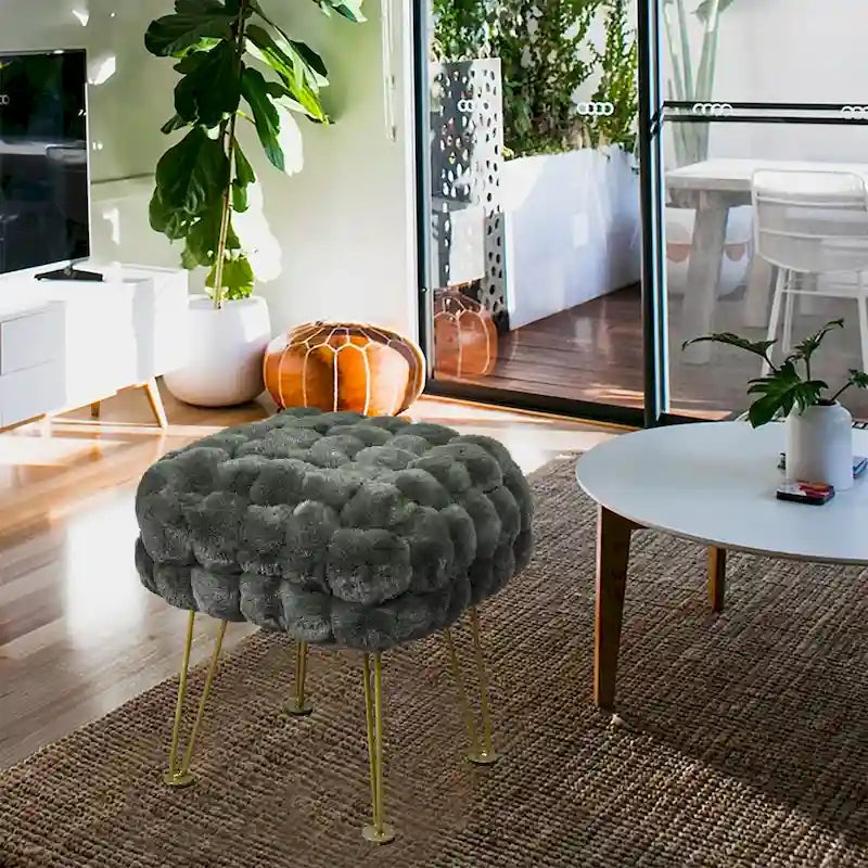 Tabouret-Pouf en Fausse Fourrure de Renard