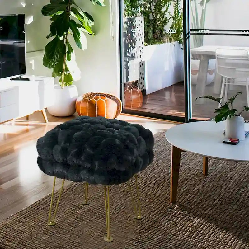 Tabouret-Pouf en Fausse Fourrure de Renard