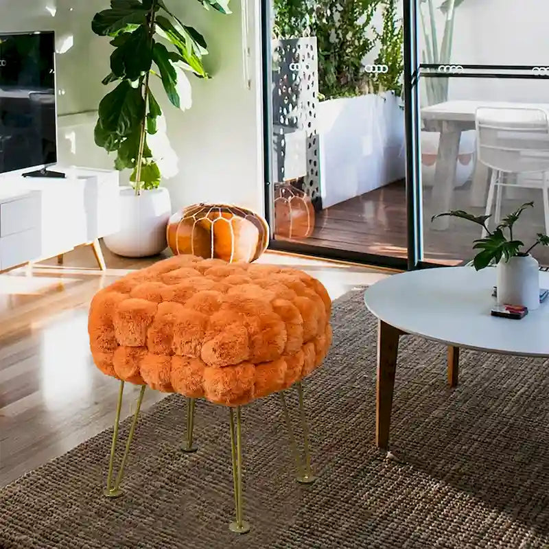 Tabouret-Pouf en Fausse Fourrure de Renard