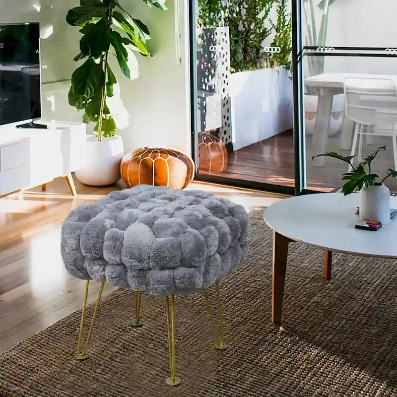 Tabouret-Pouf en Fausse Fourrure de Renard