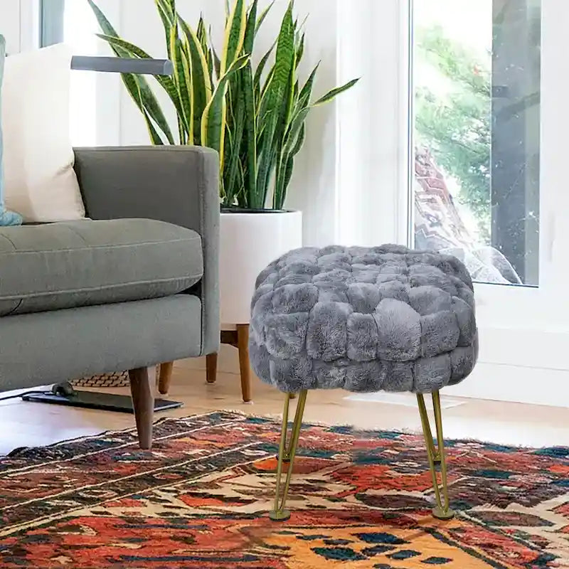 Tabouret-Pouf en Fausse Fourrure de Renard