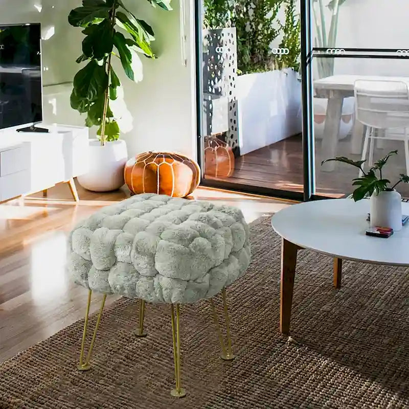 Tabouret-Pouf en Fausse Fourrure de Renard