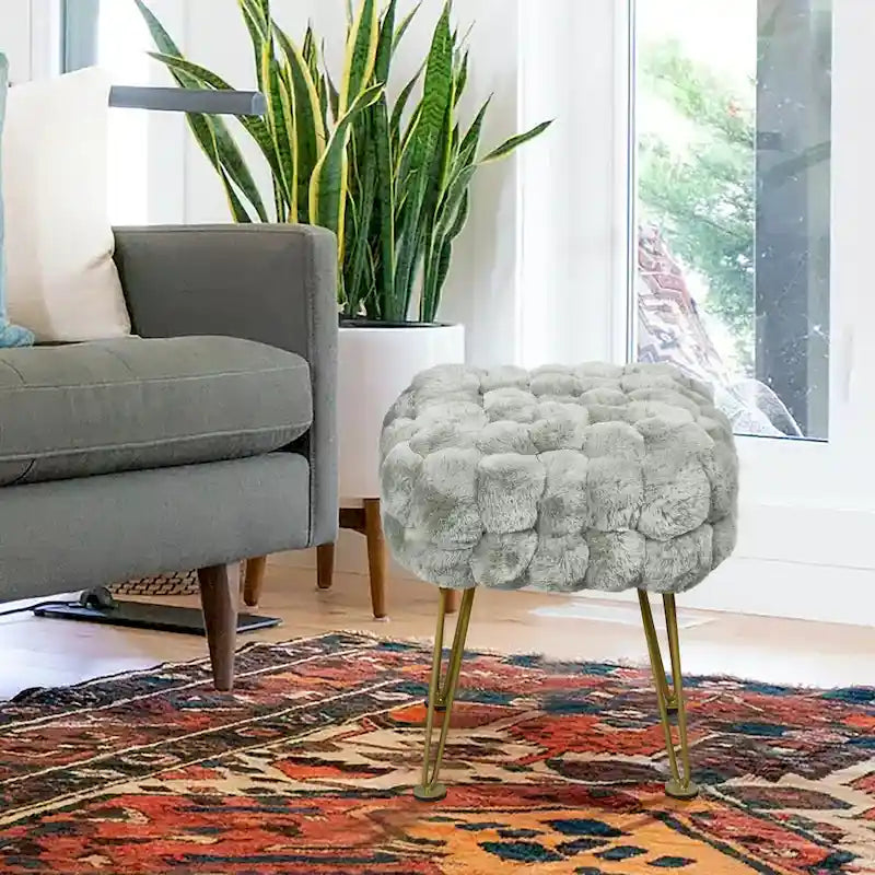 Tabouret-Pouf en Fausse Fourrure de Renard