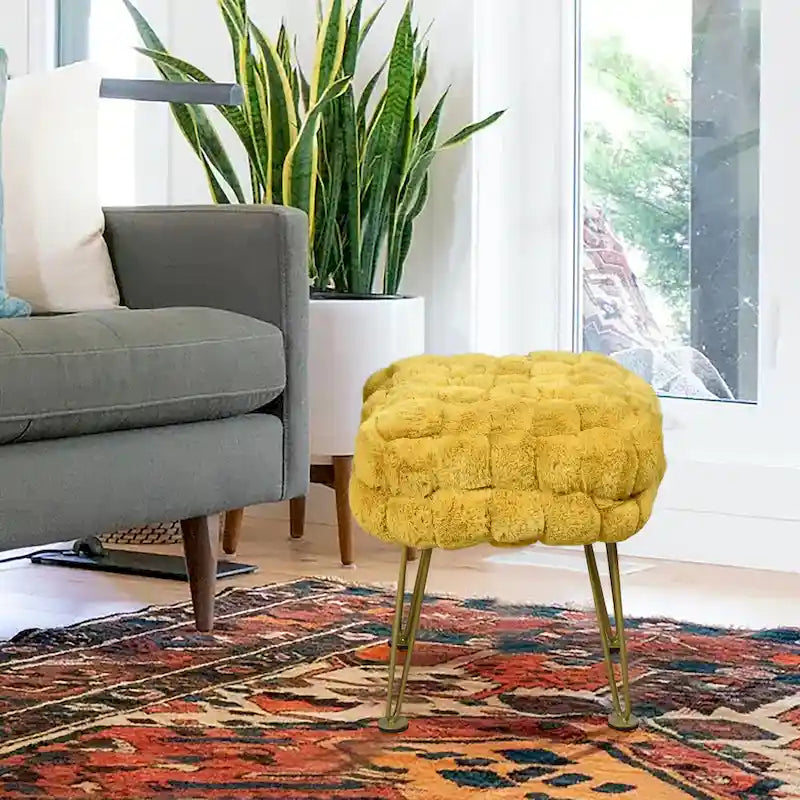 Tabouret-Pouf en Fausse Fourrure de Renard