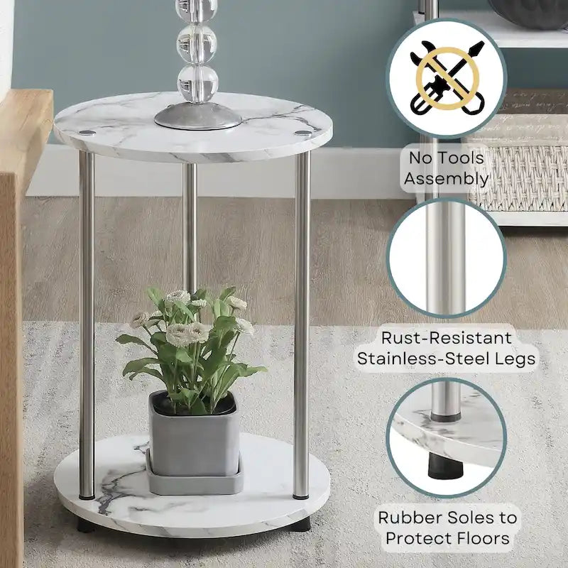 Table d'appoint ronde à 2 niveaux | Faux marbre et chrome | Pour 1