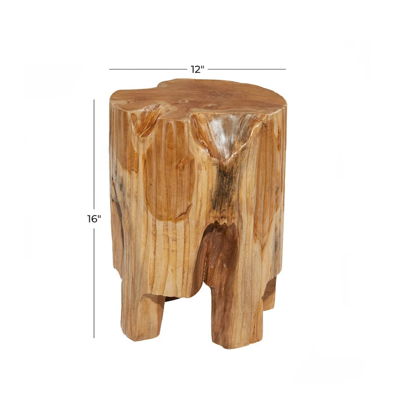 Table d'appoint en teck marron avec bord naturel, souche d'arbre, 12L x 12l x 16H