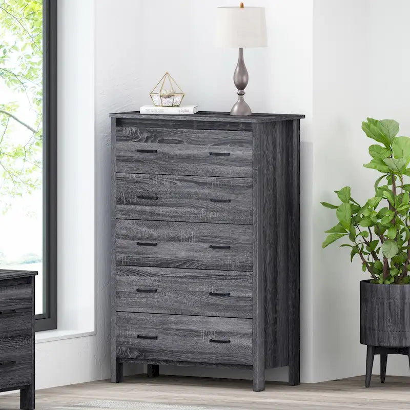 Commode à 5 tiroirs | Fini aspect bois | Chêne gris Sonoma / Noyer / Chêne Sonoma / Marron moyen | Individuel