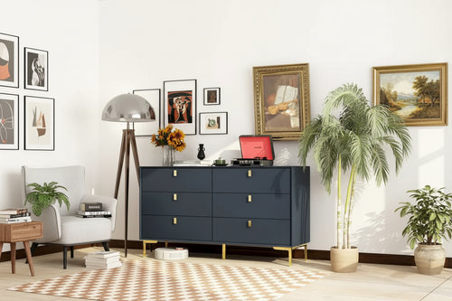 55.1W 6-Drawer Double Dresser Black Gold Storage Cabinet Chest