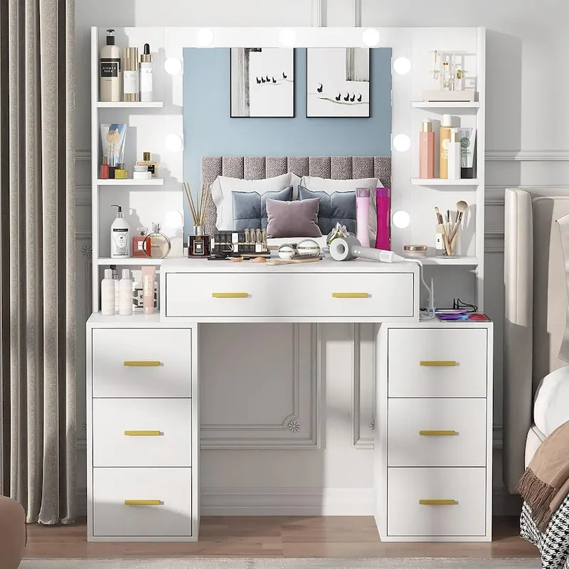 Coiffeuse de Maquillage de 43 po avec Lumière à 3 Couleurs, Station de Charge, Étagères de Rangement, 7 Tiroirs
