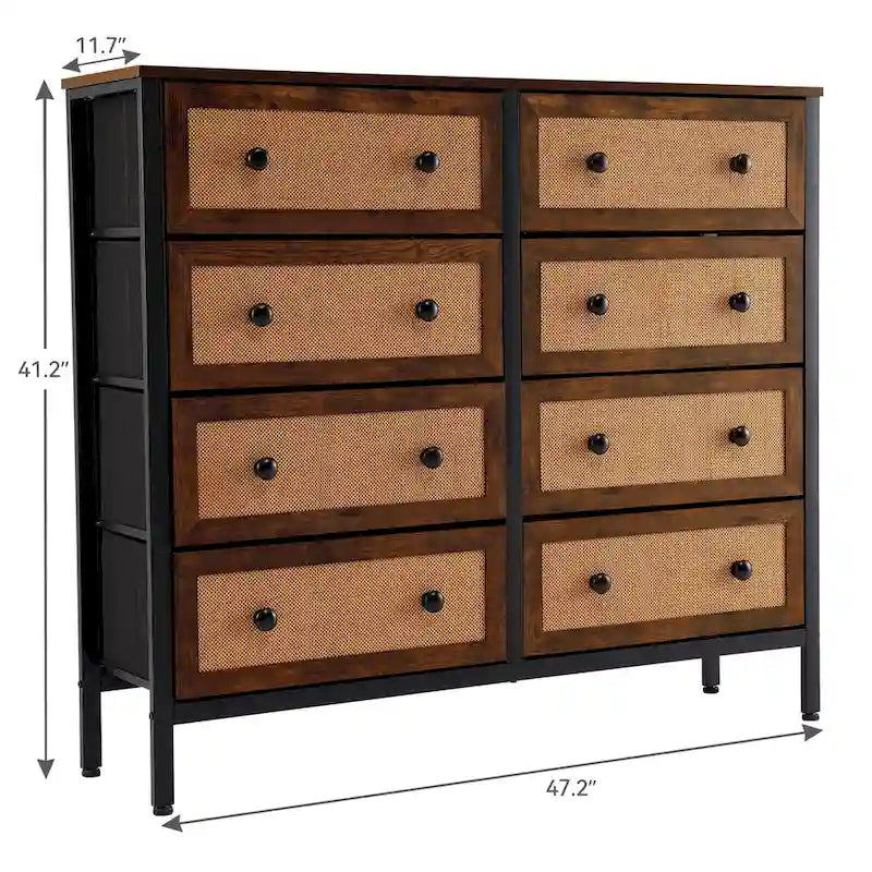 Commode en bois et rotin avec tiroirs