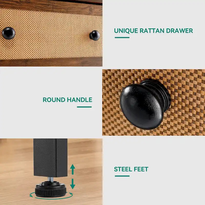 Commode en bois et rotin avec tiroirs